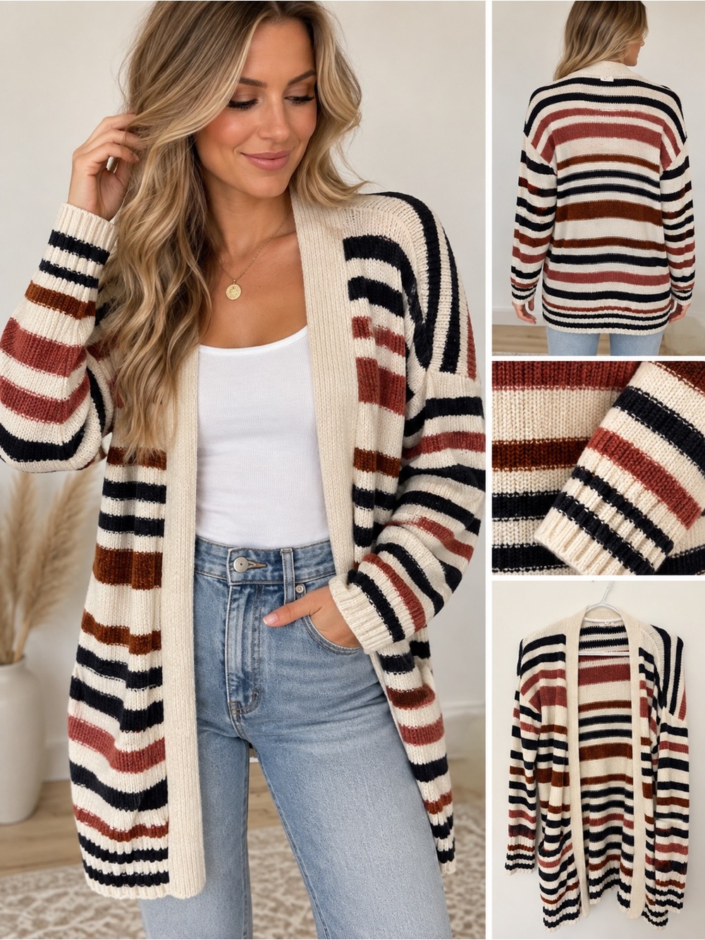 Maurices Striped Open-Front Cardigan in Cream, Rust & Black